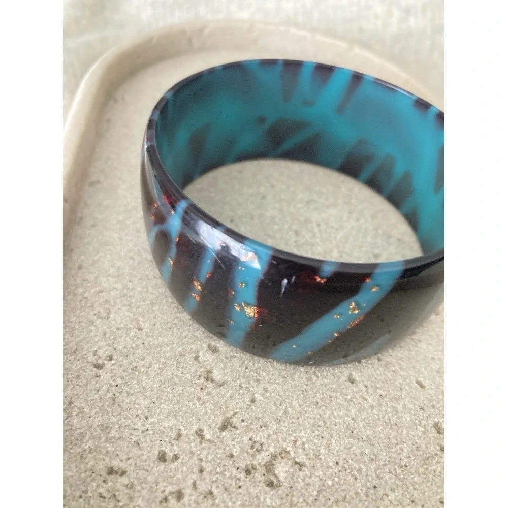 Wide Acrylic Bangle Bracelet Black Turquoise Colored Zebra Stripe‎ 80's Style